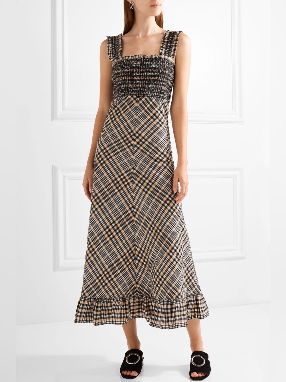 Ganni Beige and Black Plaid Seersucker Smocked Dress